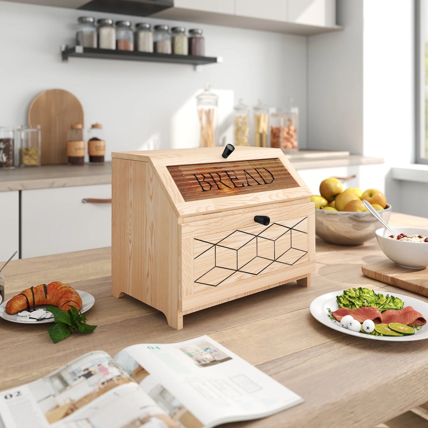 Large Bread Box, Wood 2-Layer Bread Box Storage for Kitchen Counter, with Bar Pattern Windows, Brown