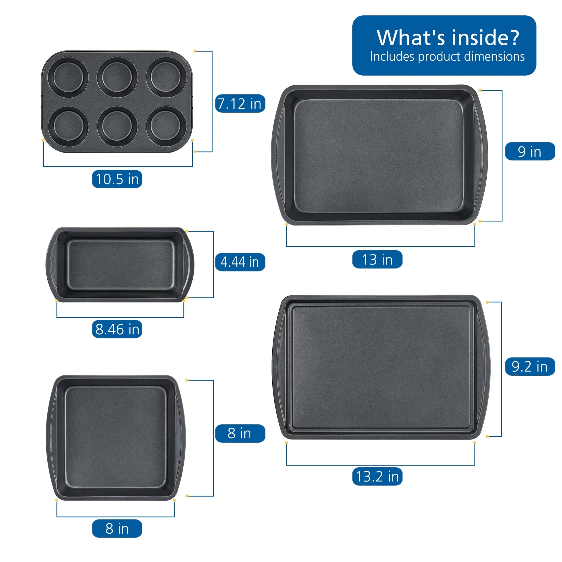 6 Piece Non-Stick Carbon Steel Bakeware Set with Cake, Muffin, Cookie and Loaf Pans, Gray