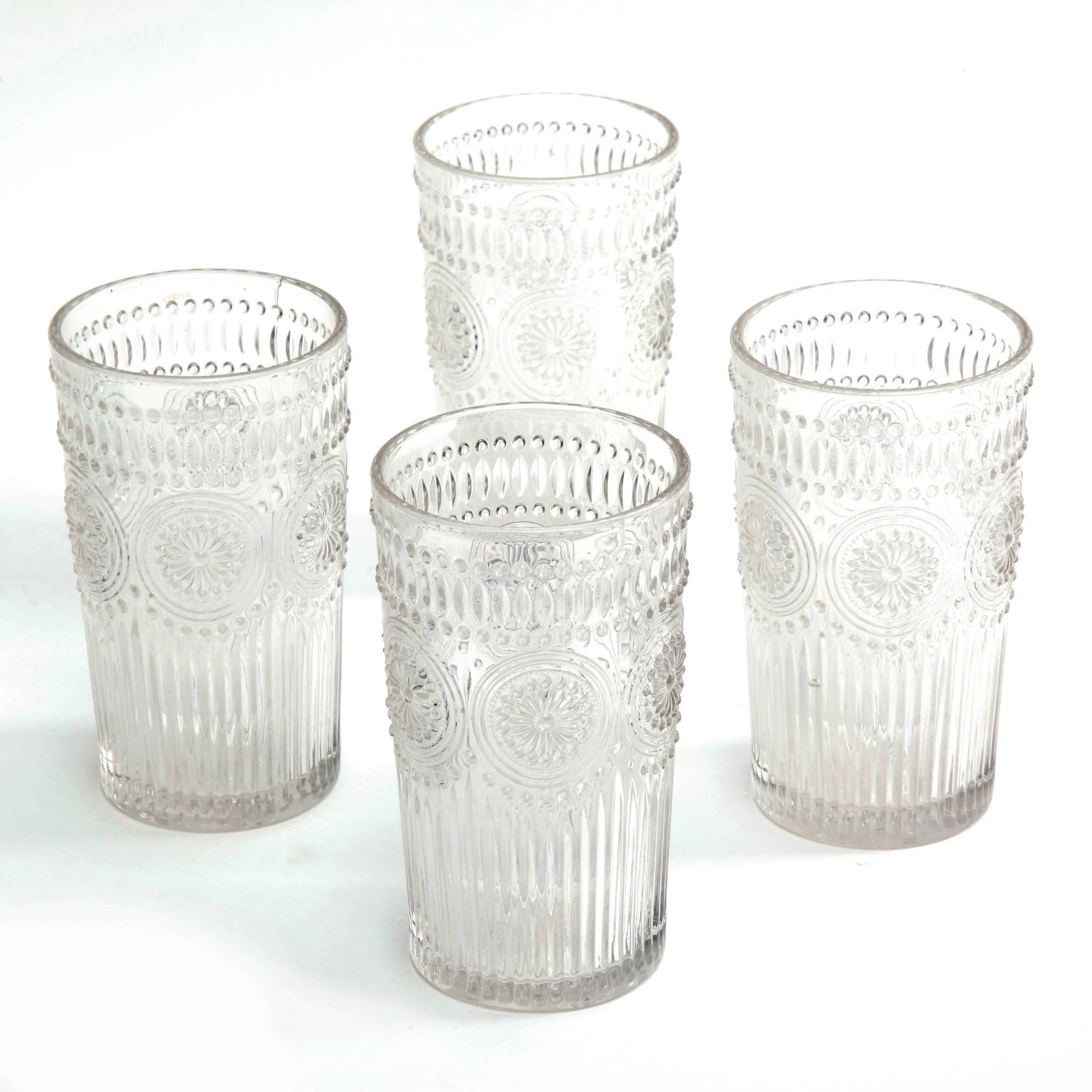 Adeline 16Oz 4-Piece Glass Tumbler Glassware Set with Embossed Design, Clear