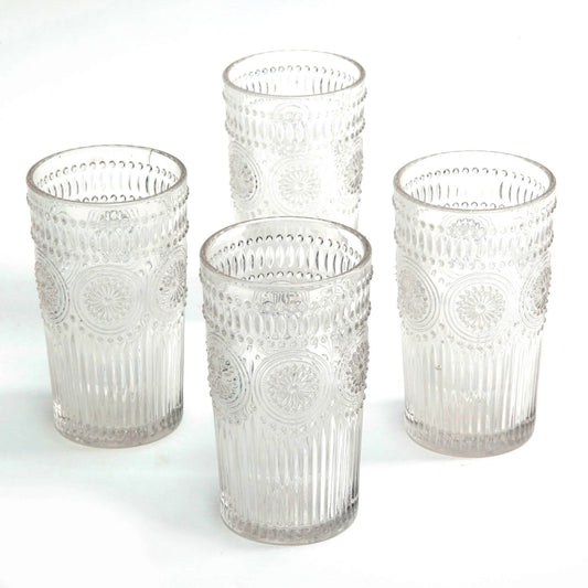 Adeline 16Oz 4-Piece Glass Tumbler Glassware Set with Embossed Design, Clear