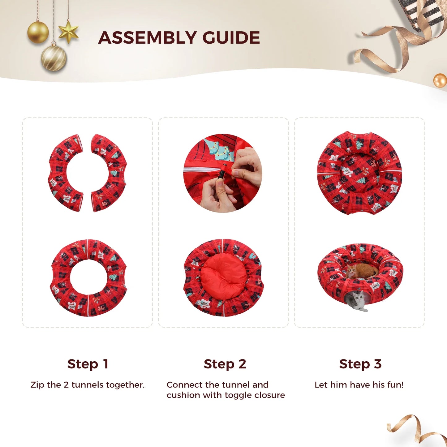 38-Inch Cat Tunnel Bed with Soft Mat - Festive Red Christmas Cat Toy for Indoor Cats