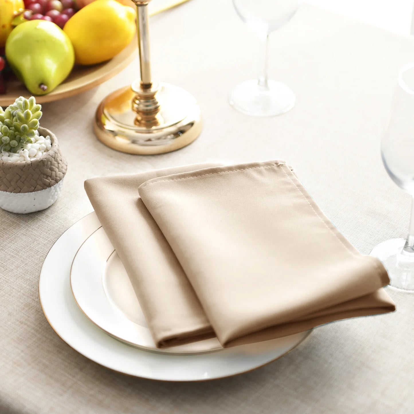 Cloth Dinner Napkin Set of 6, 18 X 18 Inch, Soft Reusable Absorbent Cloth Napkins for Wedding, Banquet, Restaurant, Hotel and Home, Polyester Blend, Beige