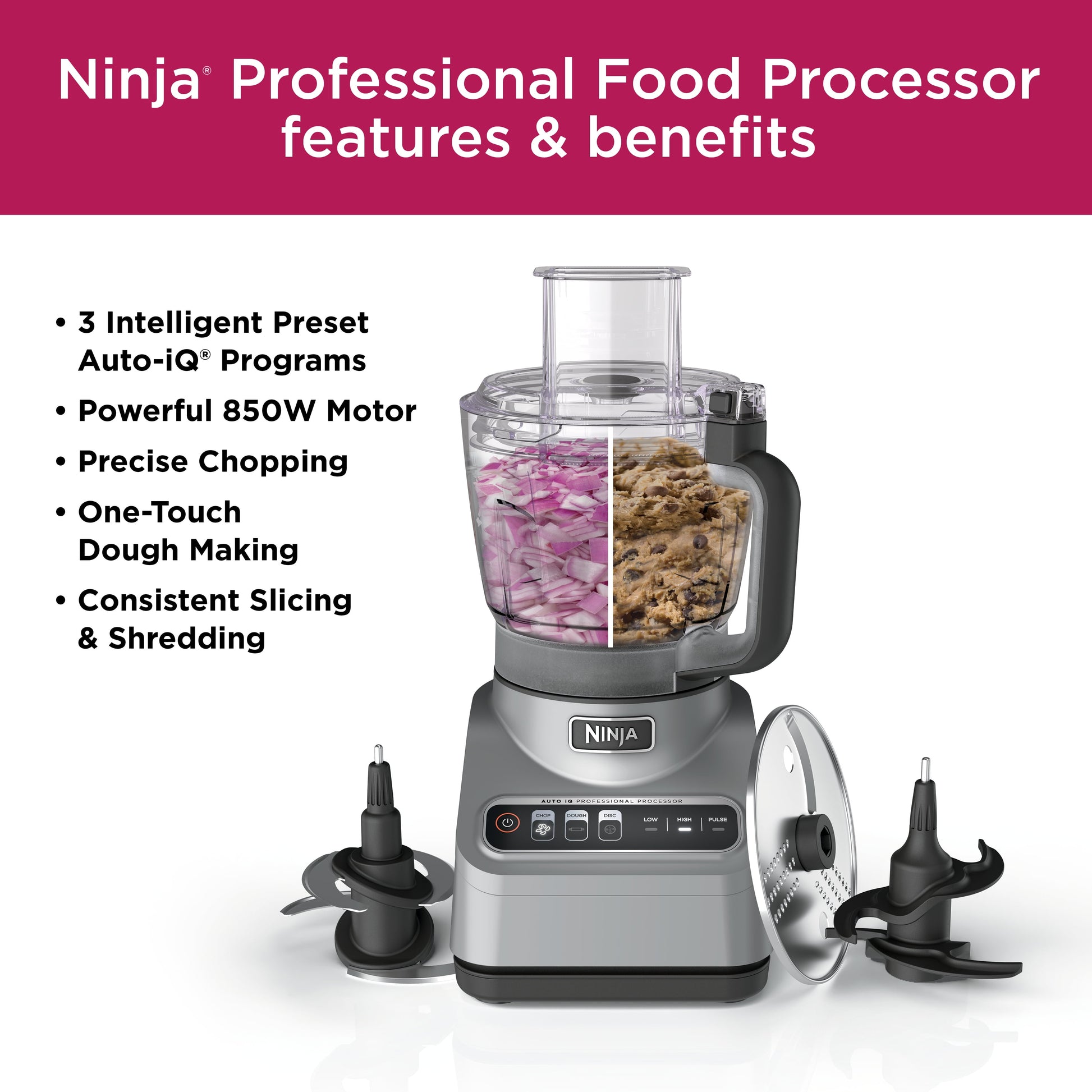 Professional Food Processor, 850 Watts, 9-Cup Capacity, Auto-Iq Preset Programs, Silver