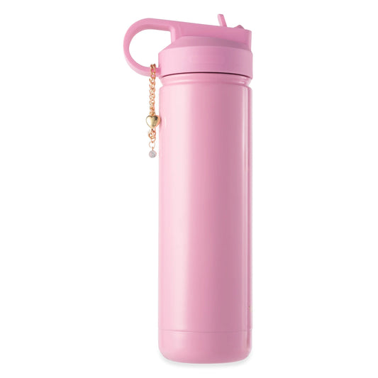 26 oz Water Bottle with Straw Lid, Pink with Gold Heart Charm