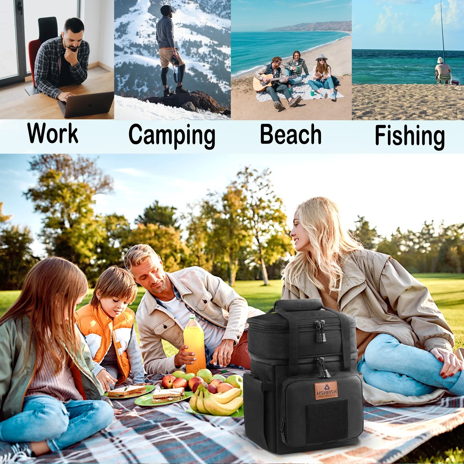 Tactical Lunch Bags, Large Expandable Insulated Lunch Box, Durable Waterproof Leakproof Cooler Bag for Adults/Men/Women/Work Outdoor Beach Trips, 20 Cans/15 L, Black
