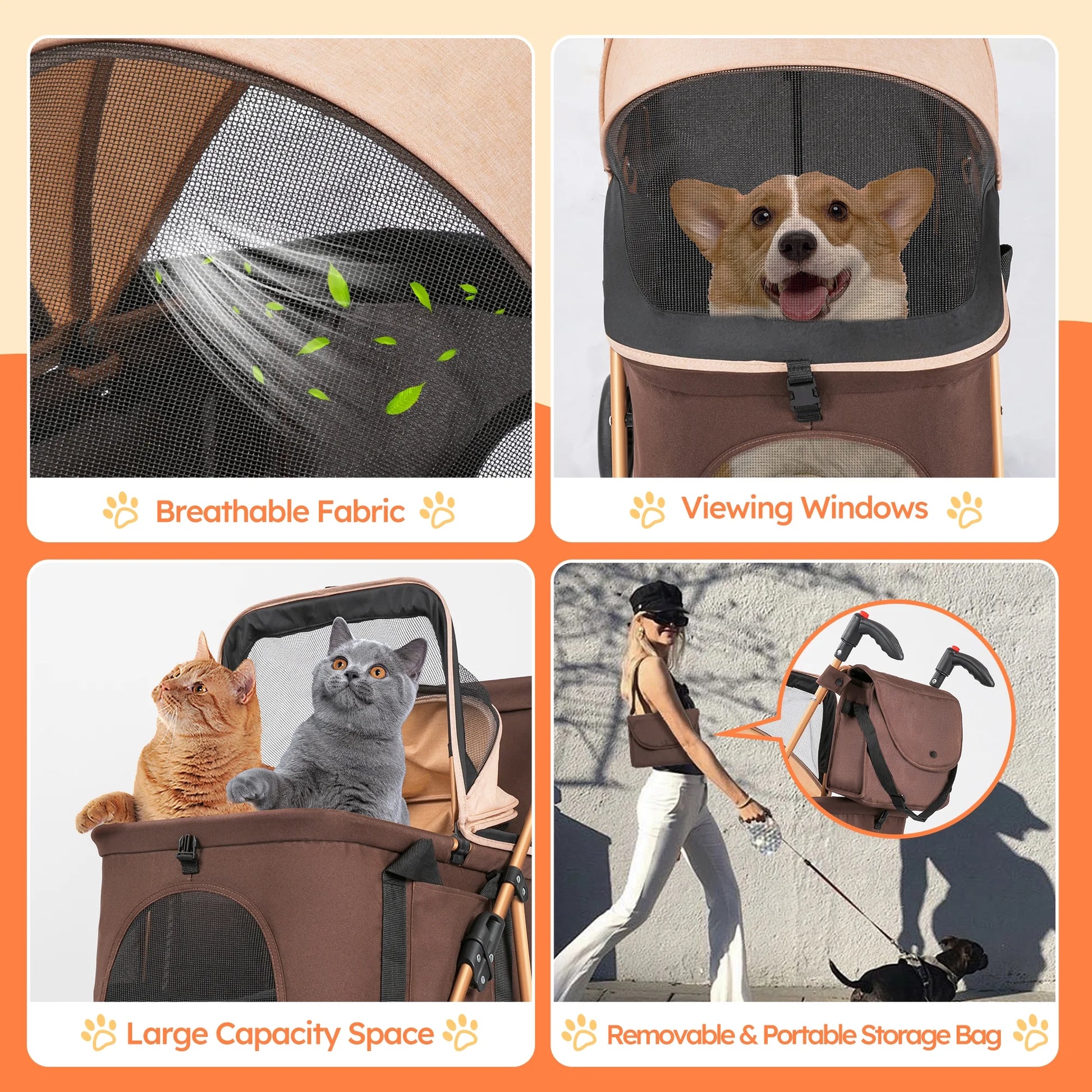 4-Wheel Foldable Pet Stroller 3-in-1 with Waterproof Detachable Travel Carrier for Small to Medium Dogs and Cats up to 60 lbs, Brown