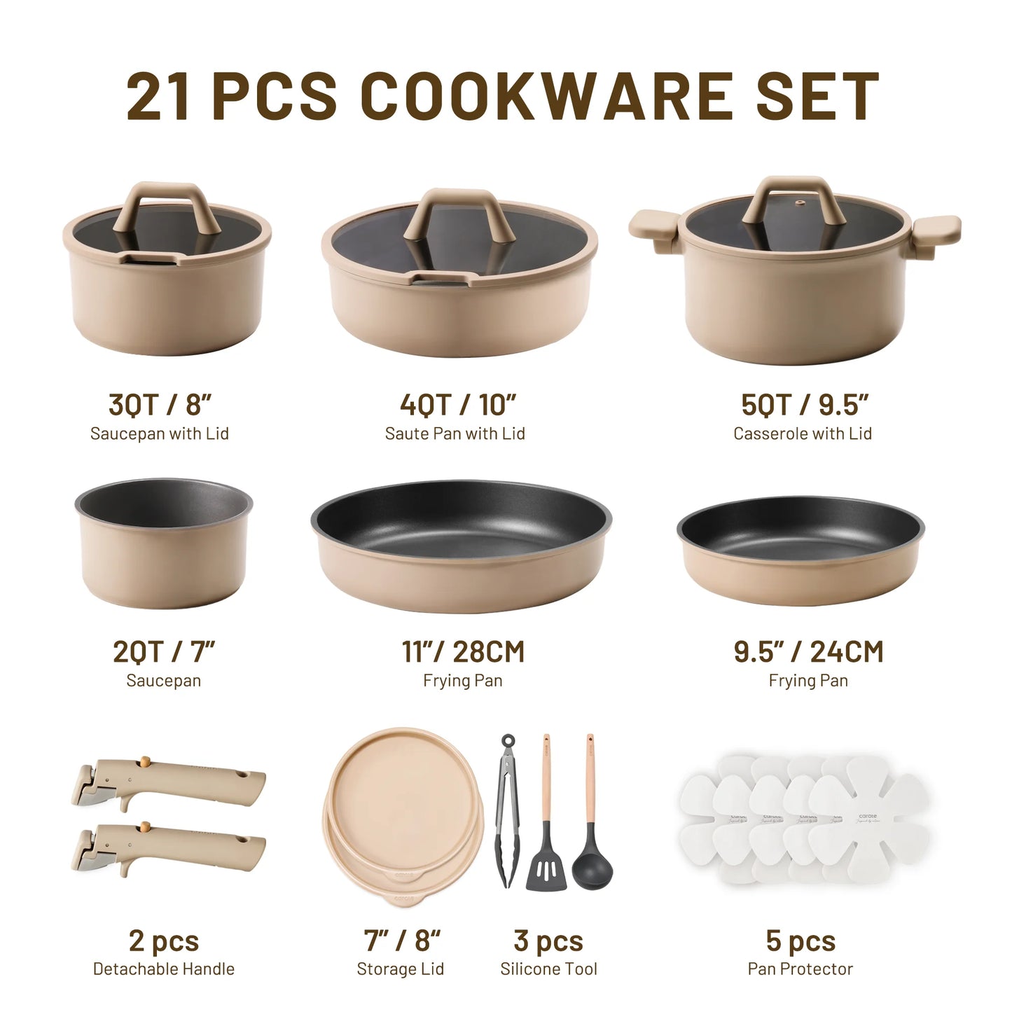 21-Piece Nonstick Cookware Set with Detachable Handle, Oven and Dishwasher Safe, Brown Finish
