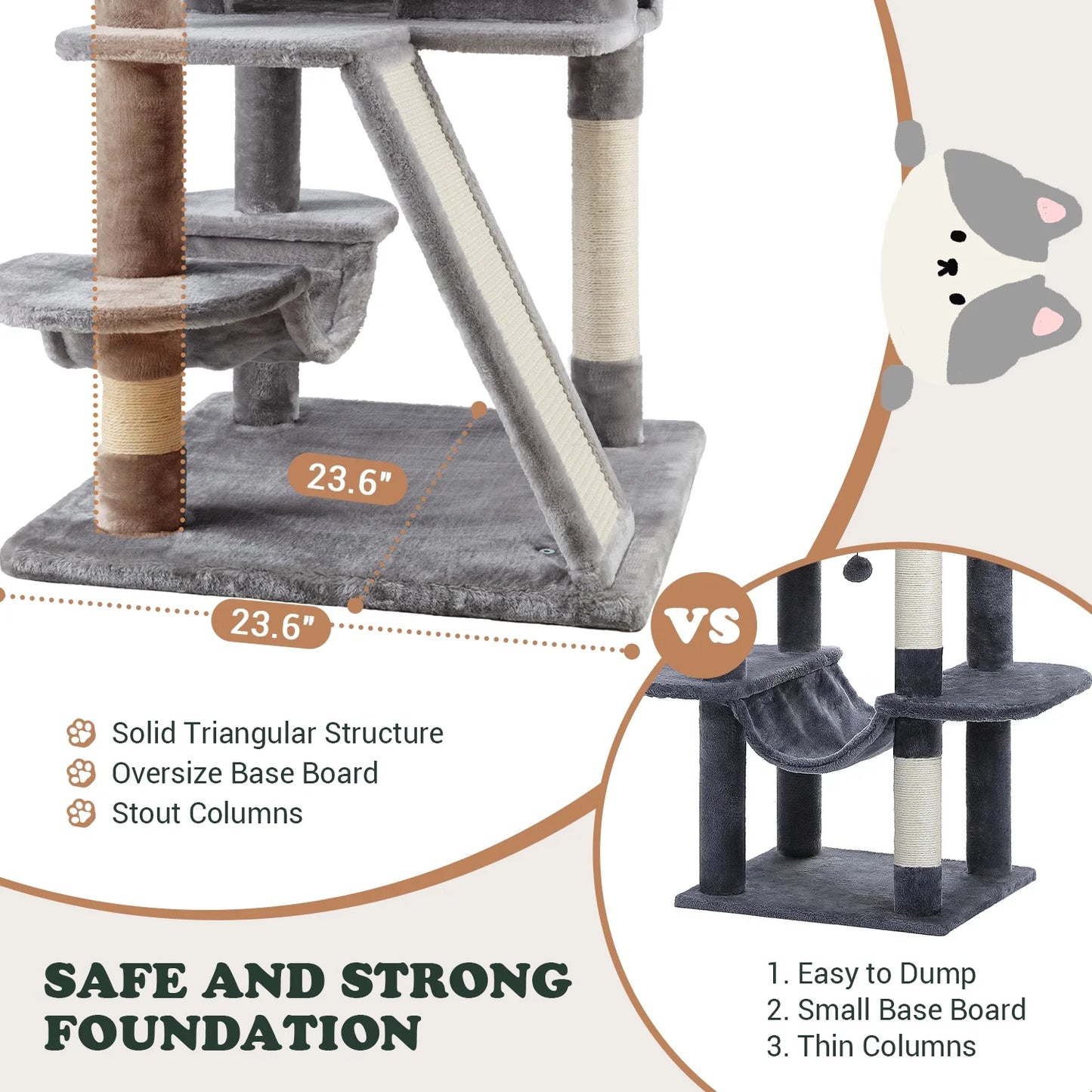 65.7" Large Cat Tree and Tower Condo for Indoor Cats with Dual Scratching Boards, Hammock, and Post in Gray