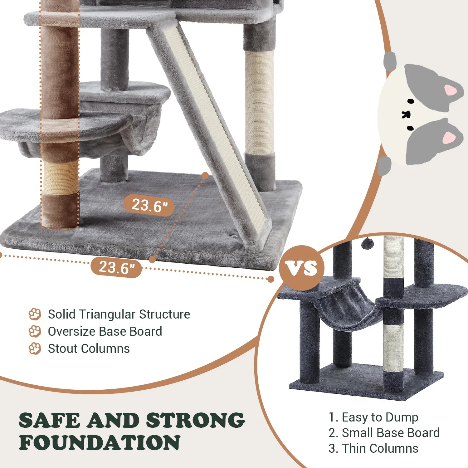 65.7" Large Cat Tree and Tower Condo for Indoor Cats with Dual Scratching Boards, Hammock, and Post in Gray