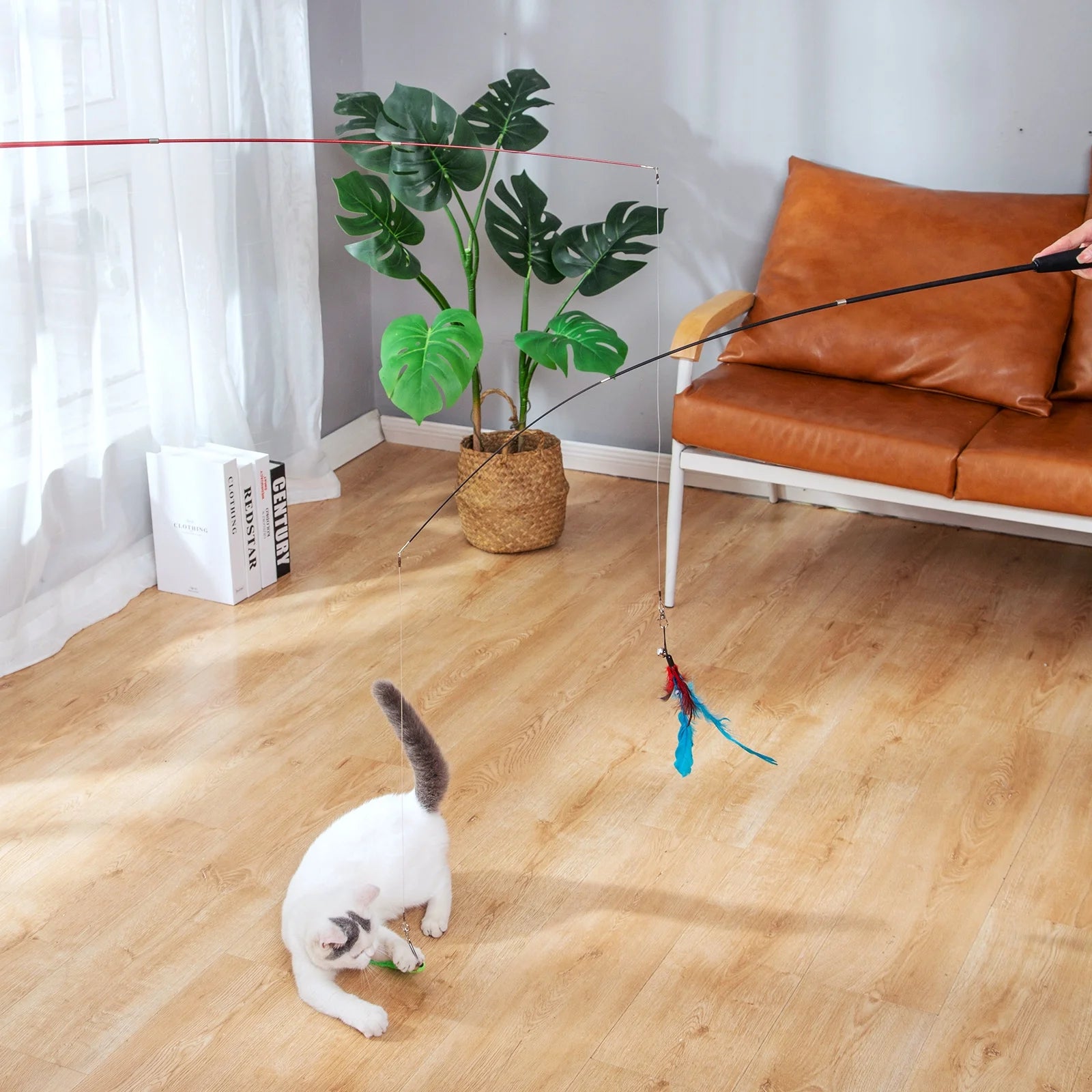 Interactive Cat Feather Toys for Indoor Cats Kittens,2 Retractable Cat Teaser Wand and 1 Rainbow Wand with 9 Refills and 2 Spare Hook(14 Pack)