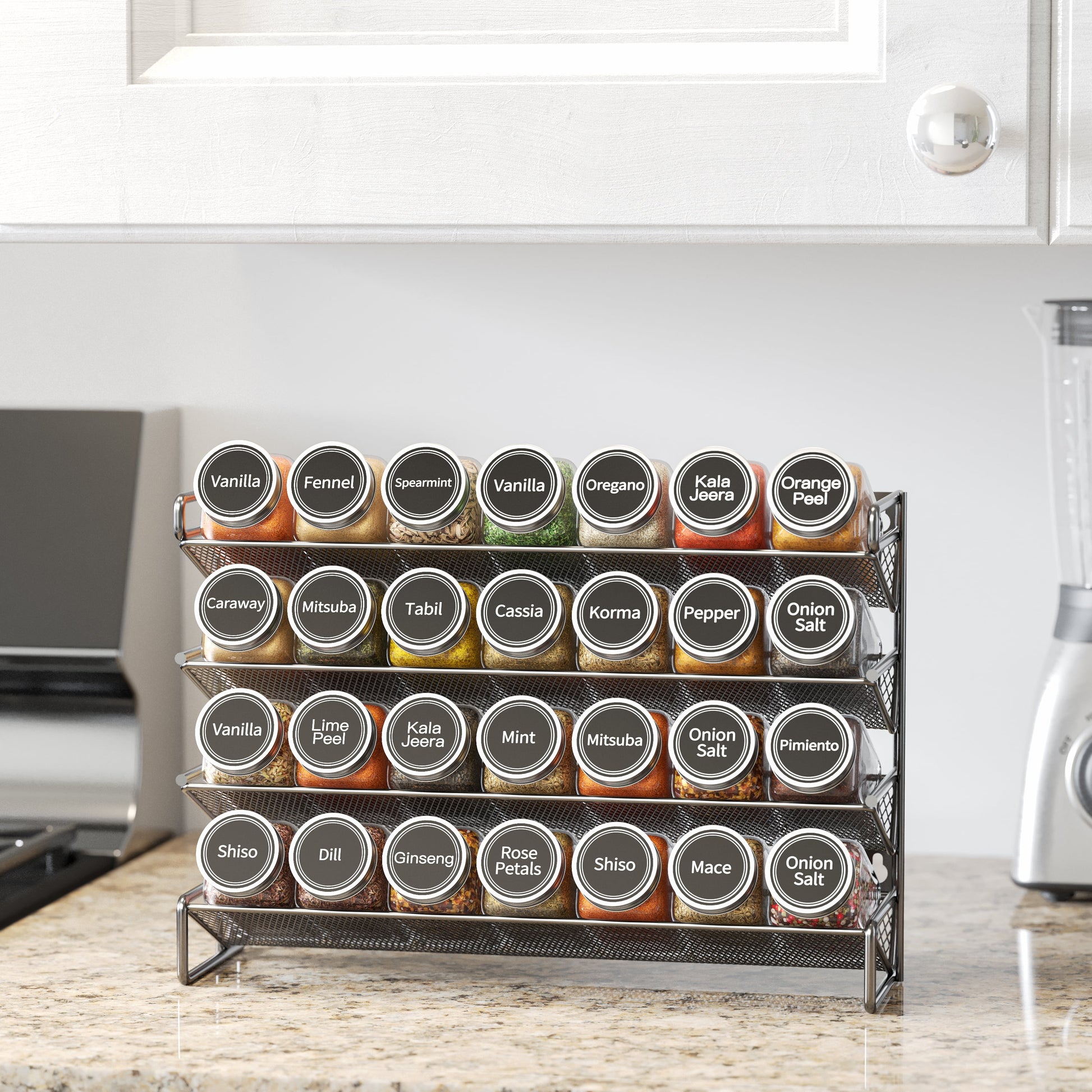 Spice Rack Organizer with 28 Jars, 4.33"D X 13.33"W X 10.5"H, Black