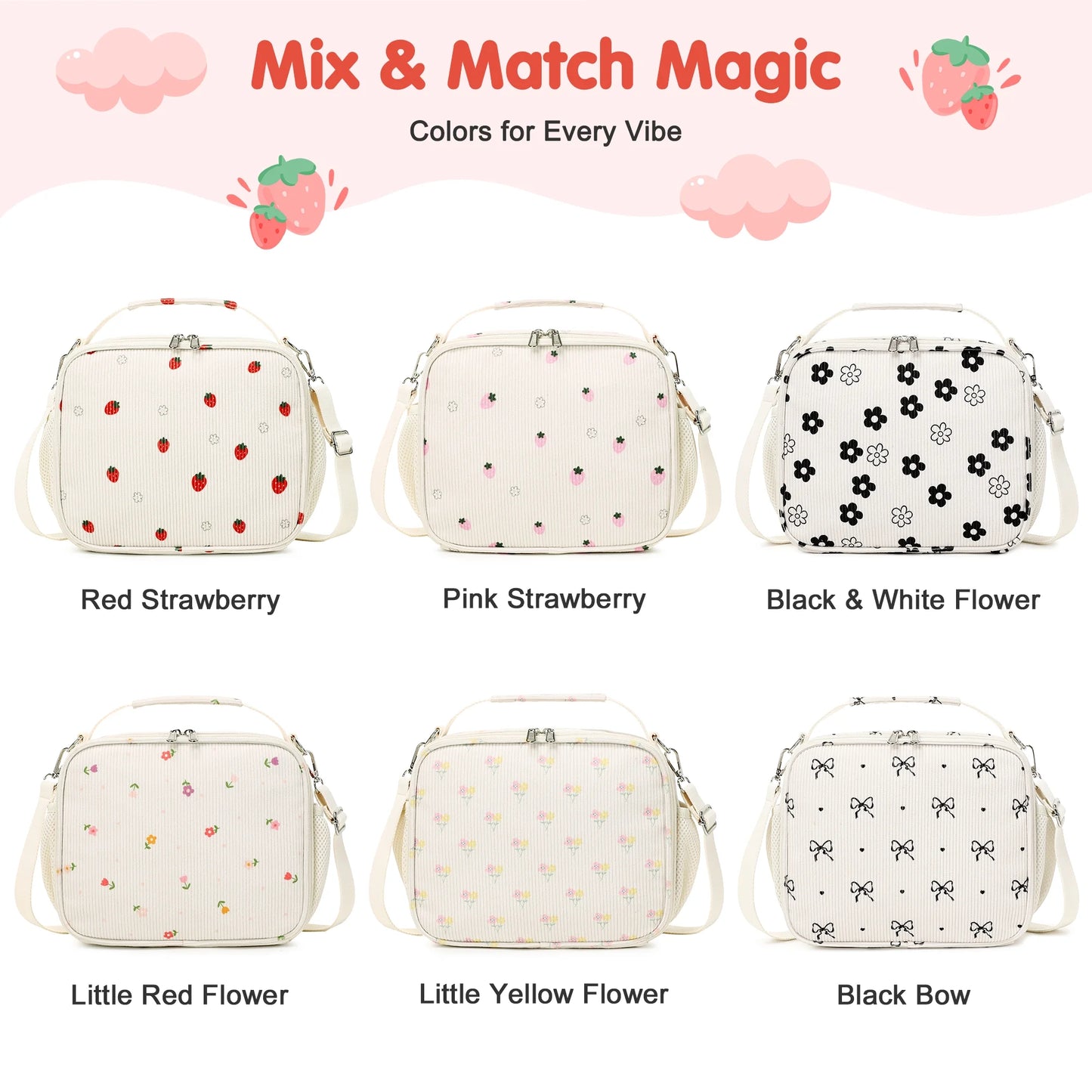 Black & White Floral Corduroy Lunch Bag - Handheld or Shoulder Carry Insulated Lunch Box