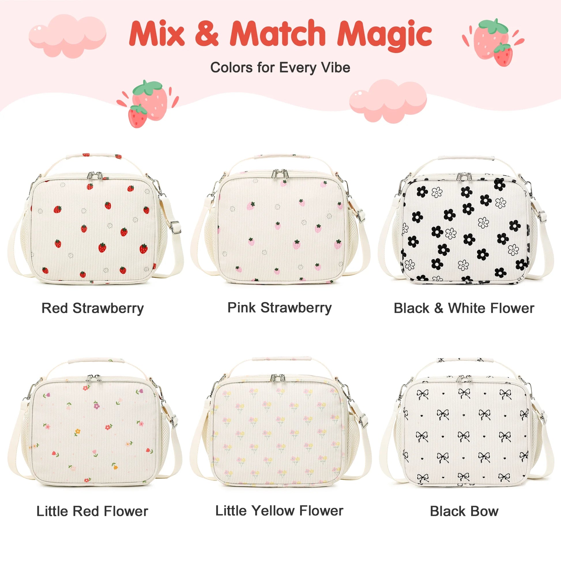 Black & White Floral Corduroy Lunch Bag - Handheld or Shoulder Carry Insulated Lunch Box