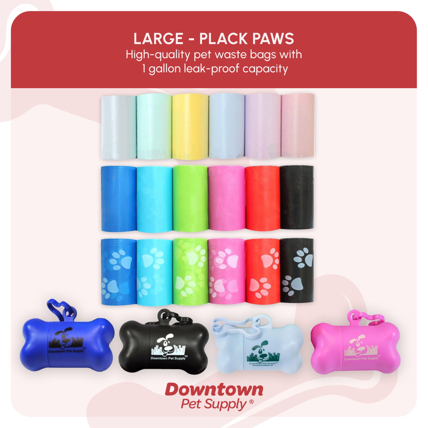 Dog Waste Bags with Complimentary Holder, Black Paw Print Design, 220 Count