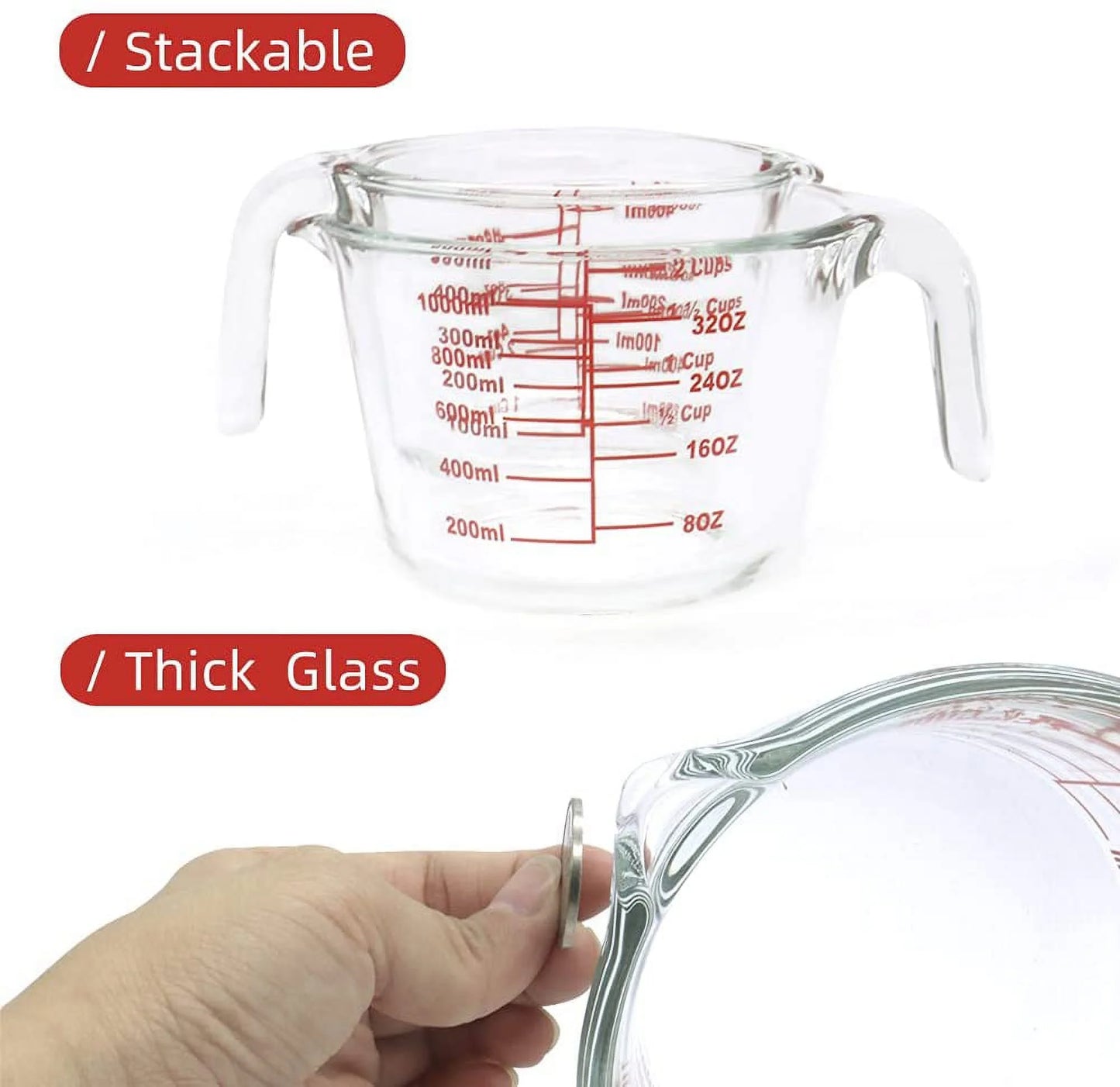 7-Pack Glass Measuring Cup Set 34 and 17 Oz Microwave, Freezer Safe, No BPA + 5 Measuring Spoons