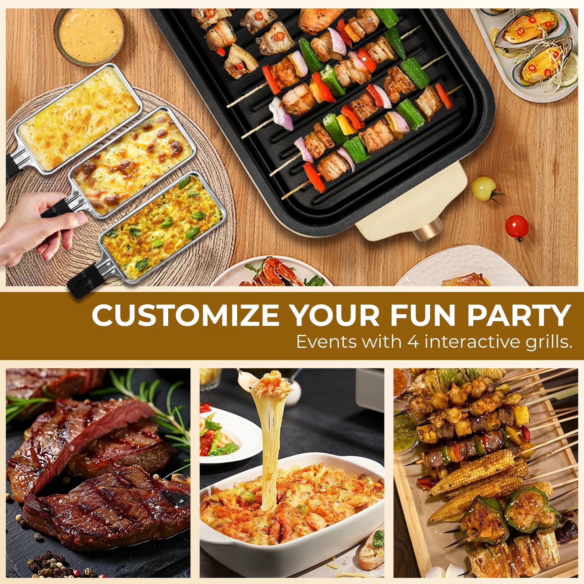 1500W Indoor Electric Smokeless Grill with Non-Stick Surface and 3 Mini Raclette Pans - Perfect for Grilling, Roasting, and Frying, Easy to Clean (Beige)