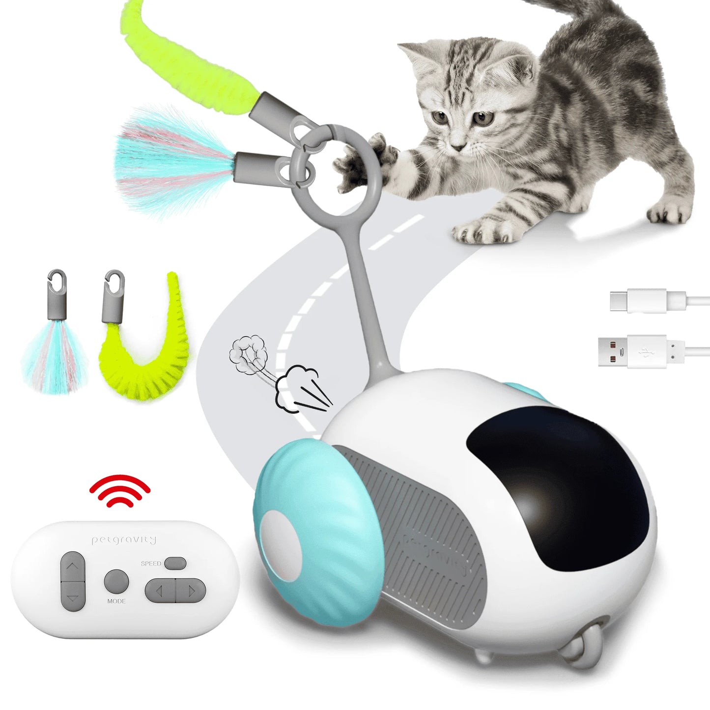 Smart Interactive Cat Toy for Indoor Use - Rechargeable Remote-Controlled Automatic Movement with Feathers, Blue, 2-Speed Settings