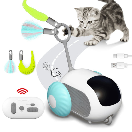 Smart Interactive Cat Toy for Indoor Use - Rechargeable Remote-Controlled Automatic Movement with Feathers, Blue, 2-Speed Settings