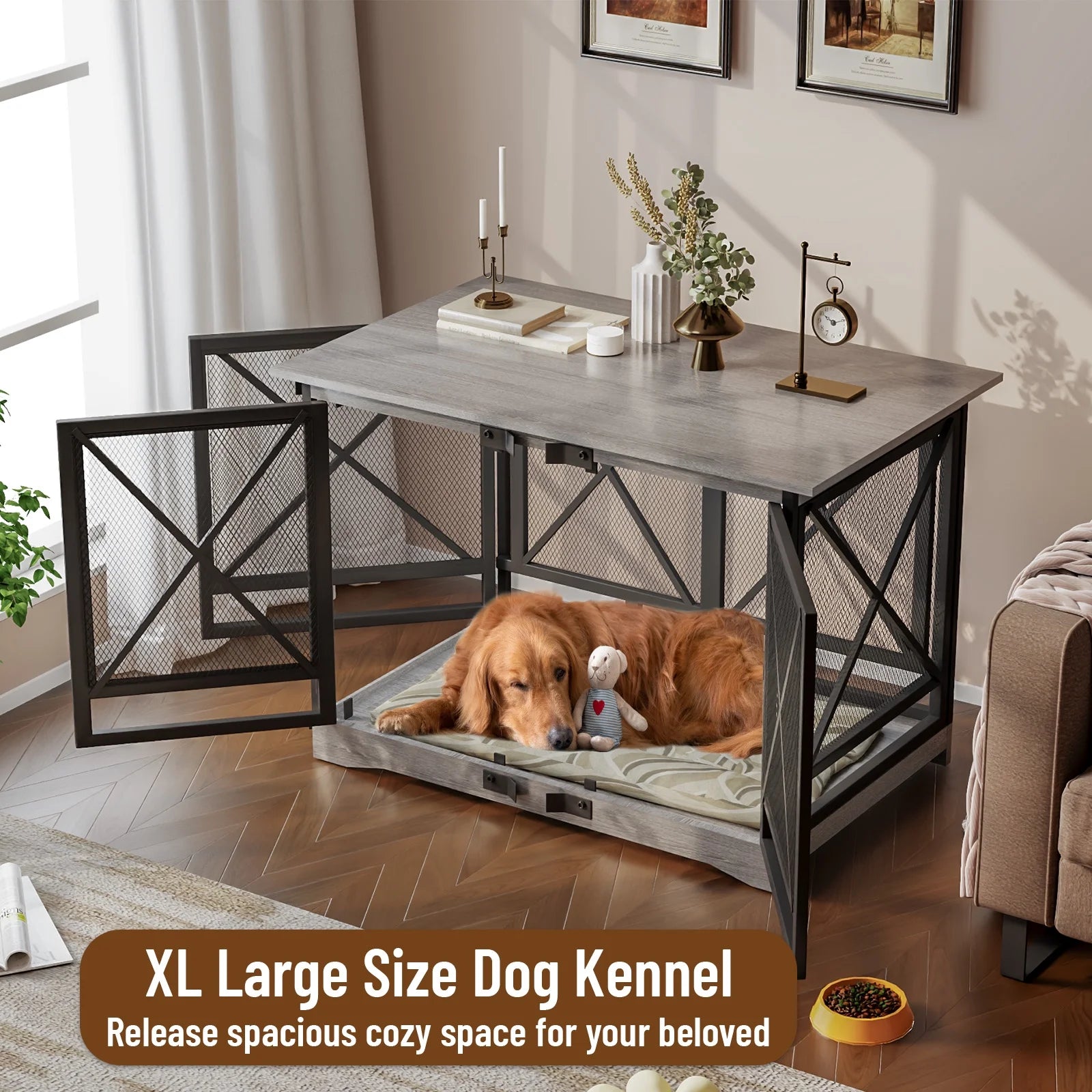 48-Inch Extra-Large Wooden Dog Crate with Double Doors, Indoor Kennel and End Table, Anti-Chew and Anti-Escape Design, Gray