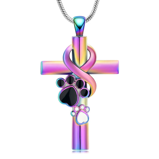 Personalize Paw Print Cross Urn Pendants with Chain Pet Memorial Cremation Jewelry for Dog Cat Ashes Holder Urn Necklace Lockets for Ashes