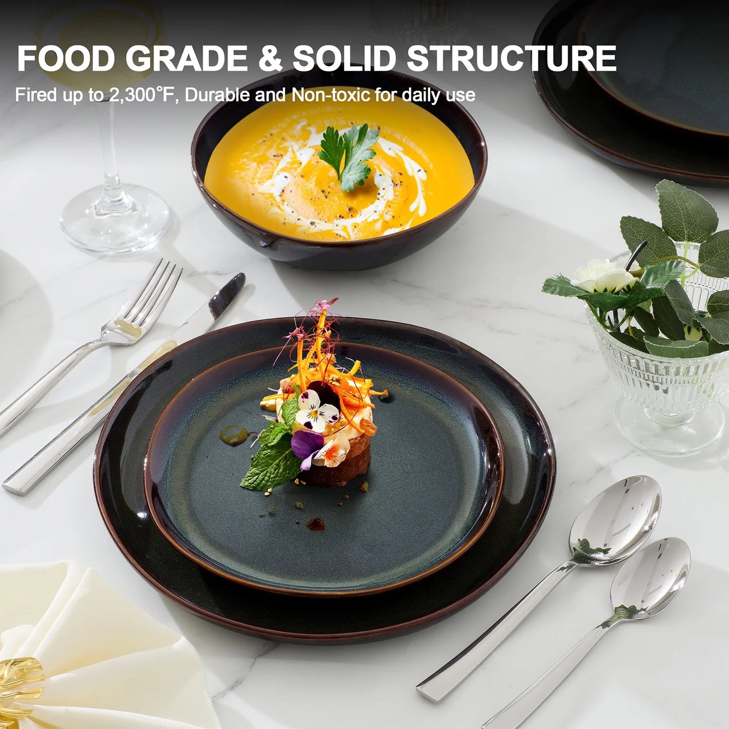 Dinnerware Set for 4, 12 Pieces Premium Stoneware Plates and Bowls Set, Handmade Reactive Glaze Dishes for Home, Chip & Scratch Resistant, Microwave and Dishwasher Safe - Forest Green