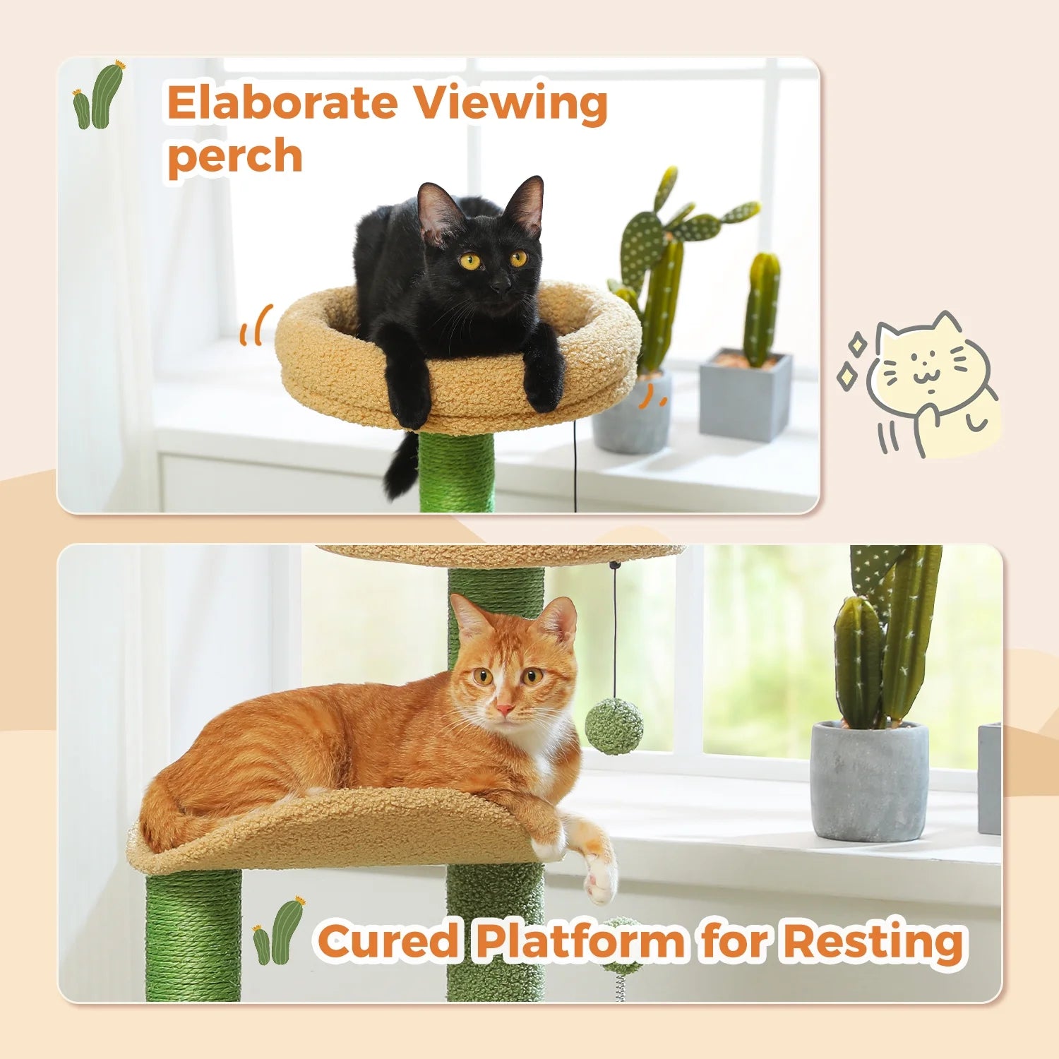 32-Inch Cactus Cat Tree Tower with Scratching Posts and Cozy Condo Perch for Indoor Cats, Green