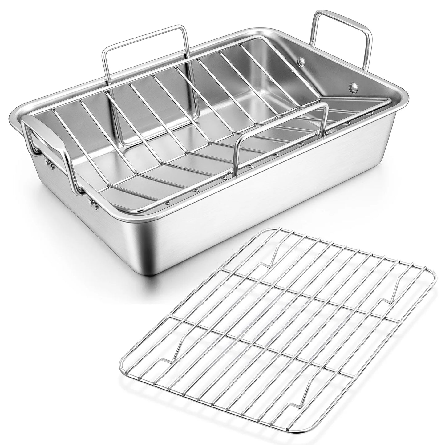 Roasting Pan,  14 Inch Stainless Steel Turkey Roaster with Rack, Include Deep Lasagna Pan & V-Shaped Rack & Roasting Rack, Non-Toxic & Heavy Duty, Dishwasher Safe
