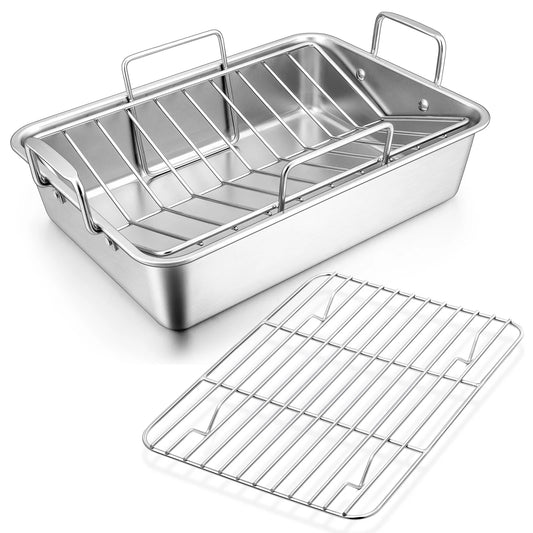 Roasting Pan,  14 Inch Stainless Steel Turkey Roaster with Rack, Include Deep Lasagna Pan & V-Shaped Rack & Roasting Rack, Non-Toxic & Heavy Duty, Dishwasher Safe
