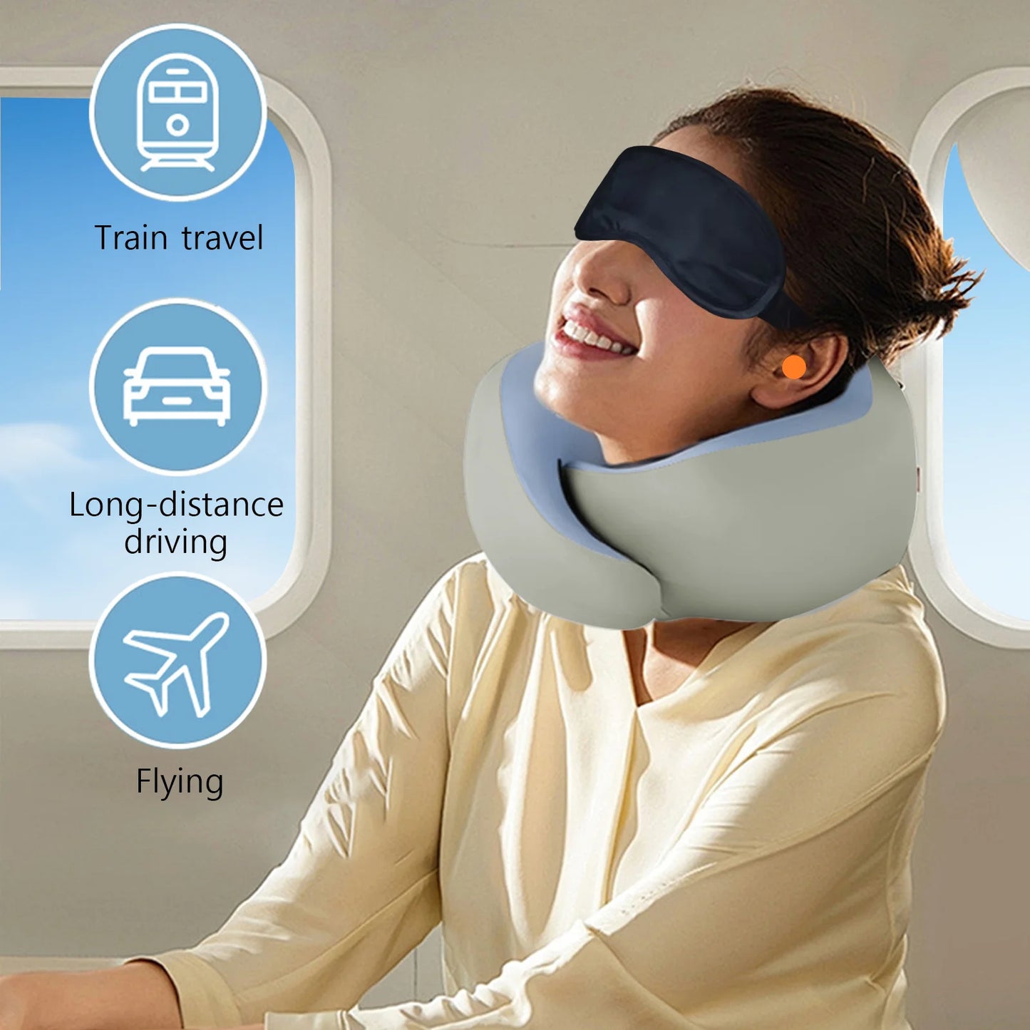 360° Support Memory Foam Travel Pillow with Eye Mask, Earplugs, and Storage Bag for Airplanes, Trains, and Long-Distance Travel