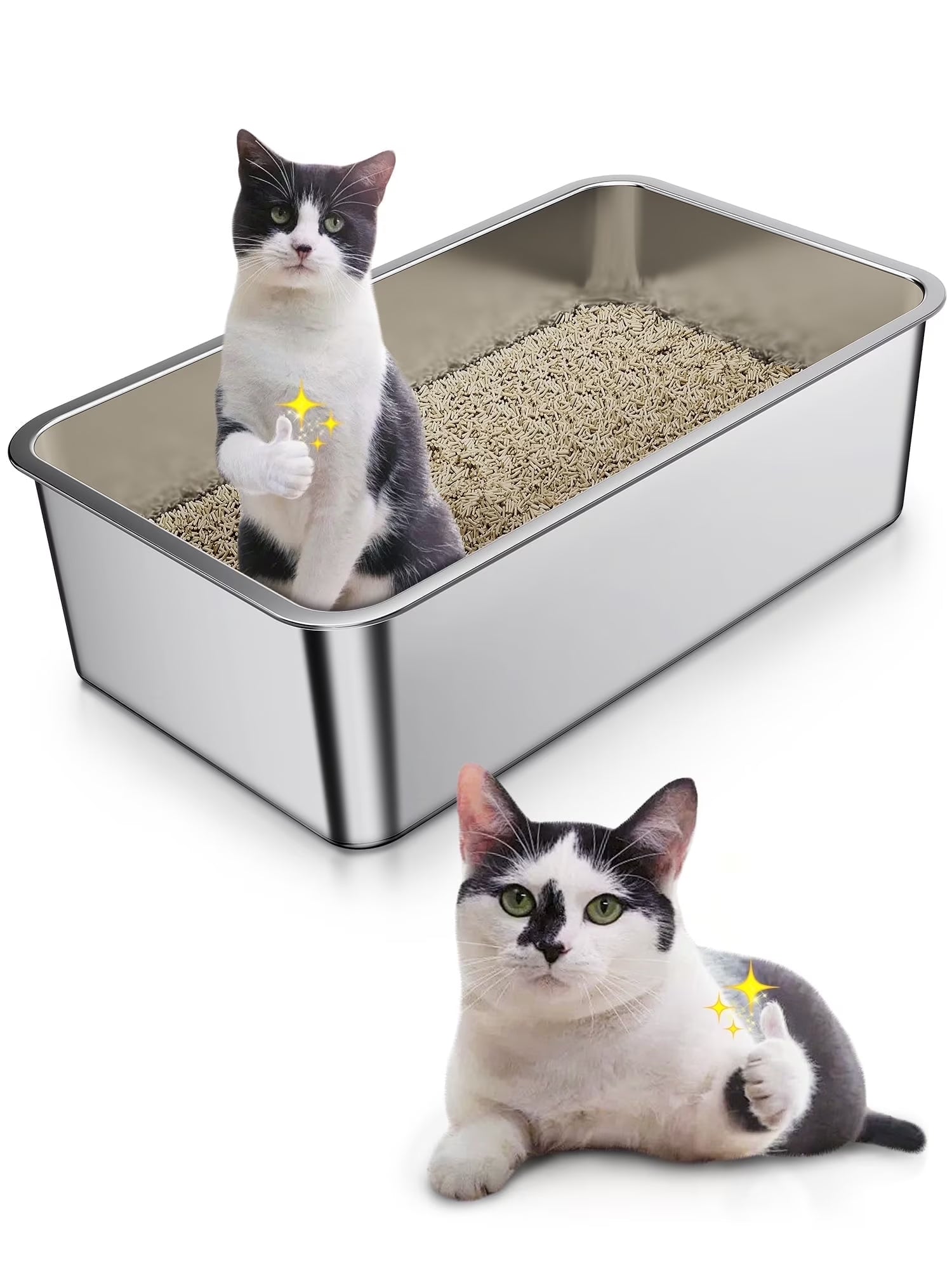 Stainless Steel High-Sided Cat Litter Box with Odor Control and Easy Cleaning, 23.4" x 15.6" x 6