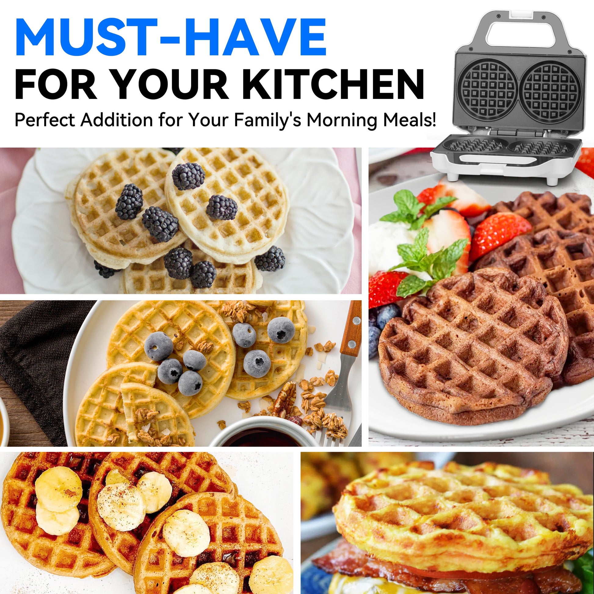 Double 4 Inch Waffle Maker, Electric round Waffle Machine, Brush Included, White