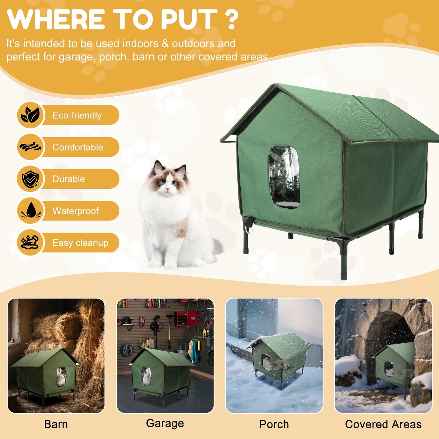 Insulated Outdoor Cat House with Escape Door - Weatherproof Shelter for Small Cats, Green