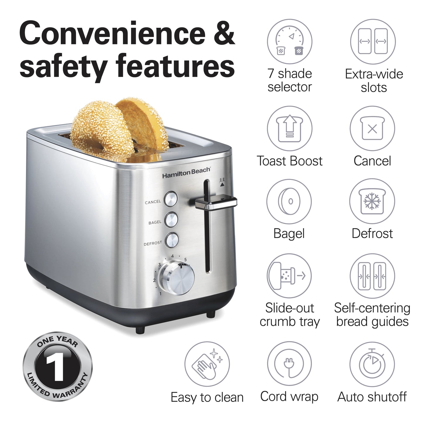 Toaster, 2-Slice Modern Luxe Series, Stainless Steel, Extra-Wide Slots, Bagel, Defrost, Toast Boost, Slide-Out Crumb Tray, Cancel Buttons, NEW