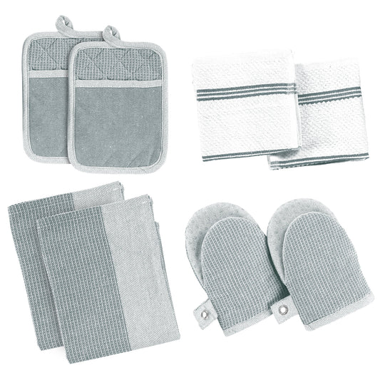 Kitchen Set Pack of 8, Oven Mitts Pot Holders Pad and Towel Set, Cute Kitchen Starter Set, Short Oven Mitts and Kitchen Hand Towels and Dish Cloths Sets - Grey