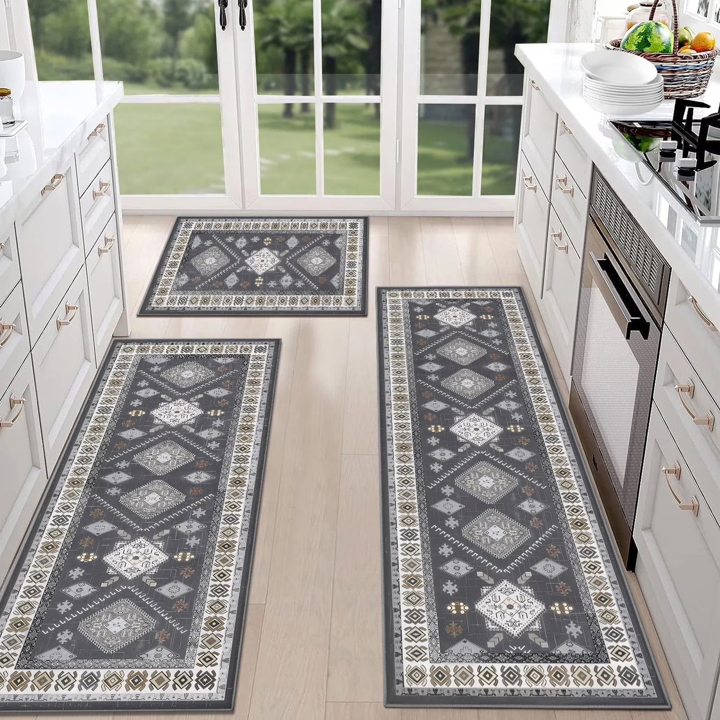 3-Piece Kitchen Rug Set, Non-Slip Machine Washable Mats, Farmhouse Hallway Doormat for Home and Living Room, Gray