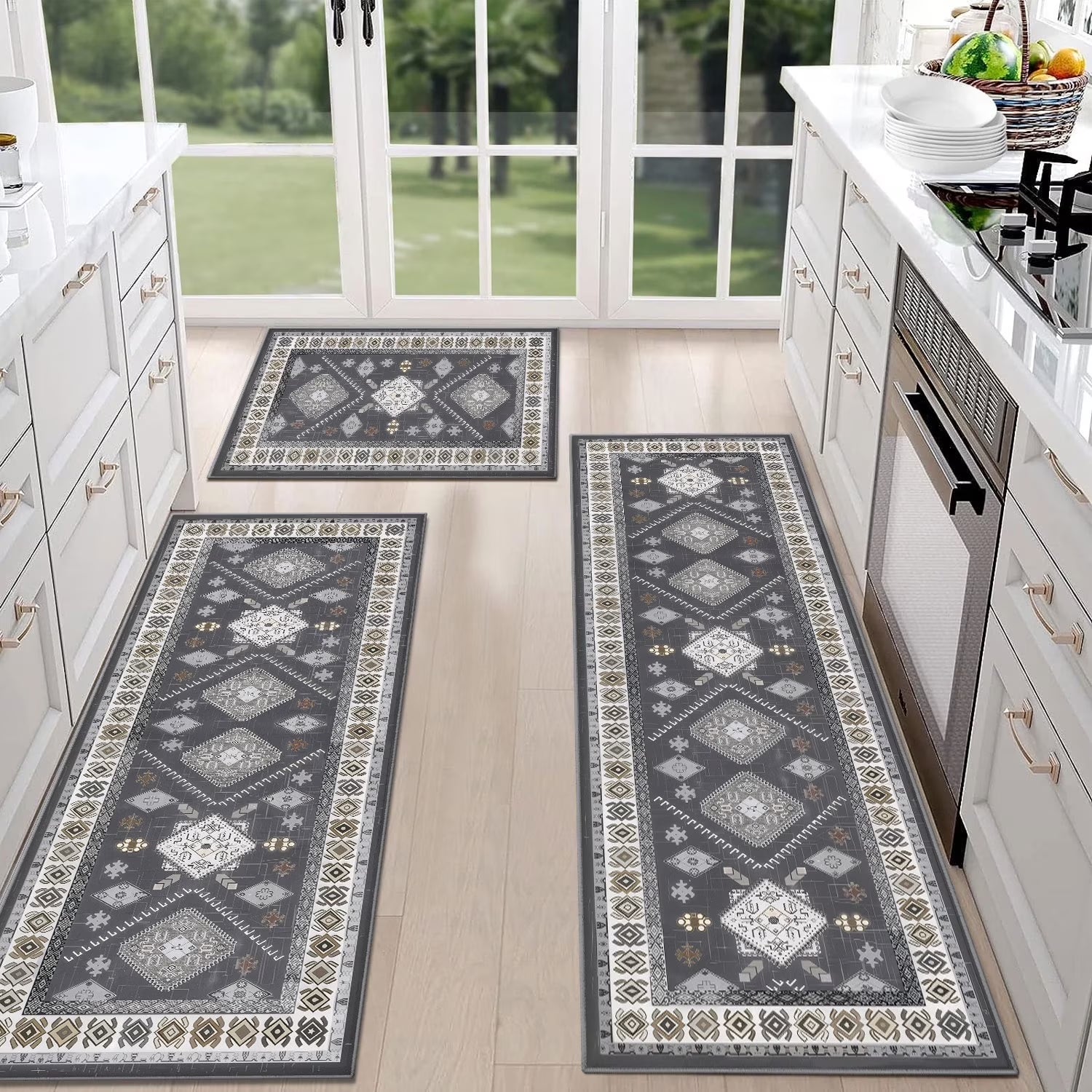 3-Piece Kitchen Rug Set, Non-Slip Machine Washable Mats, Farmhouse Hallway Doormat for Home and Living Room, Gray