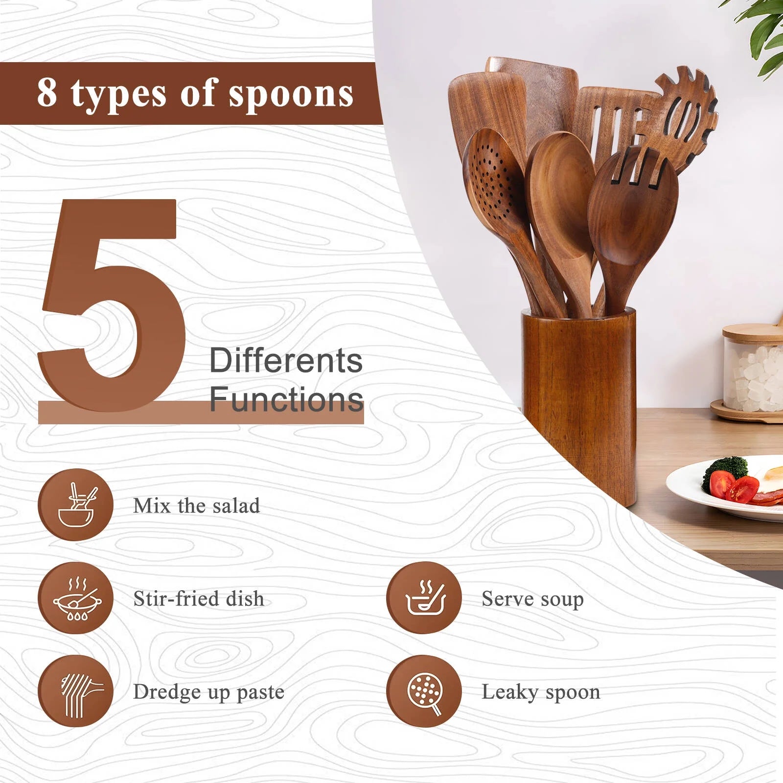 Thickened Wooden Spoons for Cooking, 8 Pcs Natural Wooden Utensil for Cooking with Non-Stick Heat Resistant, Wood Kitchen Utensil Set
