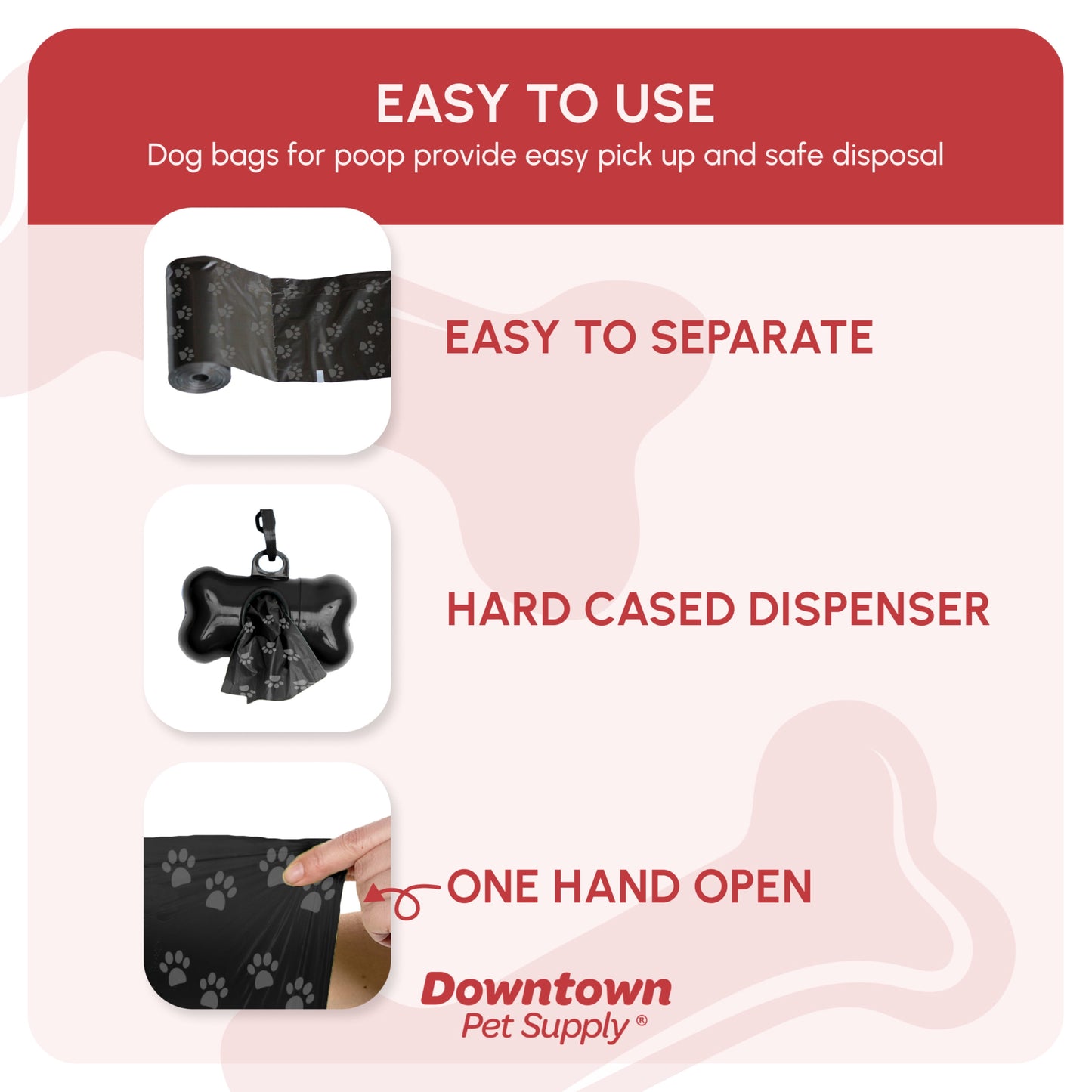 Dog Waste Bags with Complimentary Holder, Black Paw Print Design, 220 Count