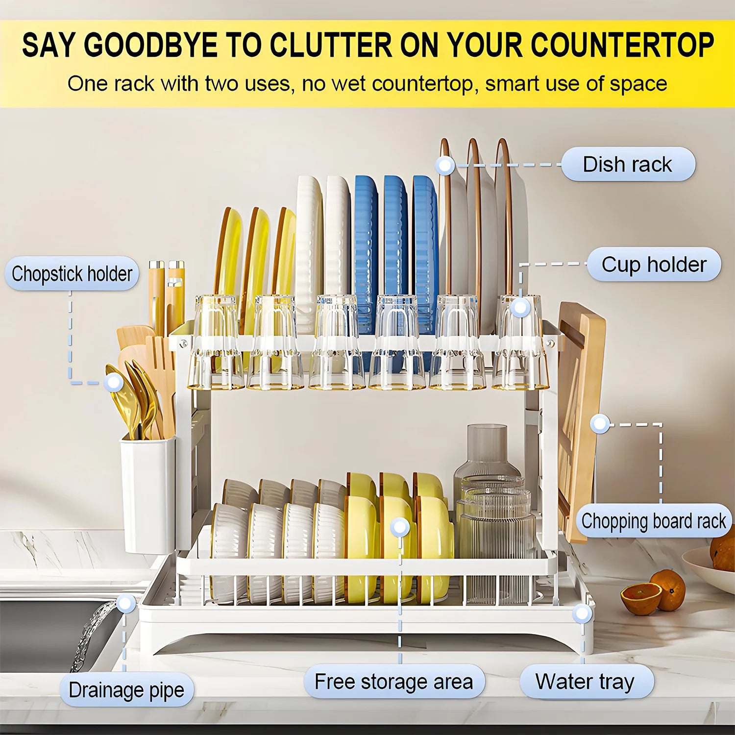 2-Tier Stainless Steel Foldable Dish Racks ,16.5*11.8*11.4In, White