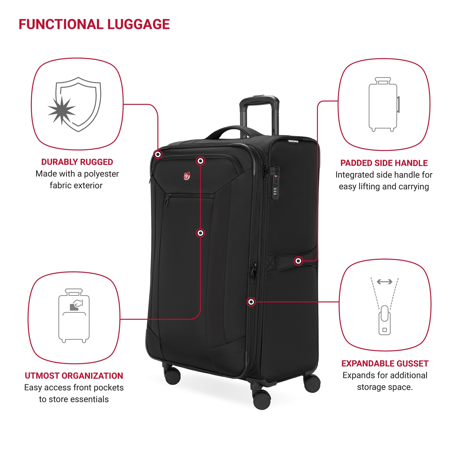 Stride Expandable Large Checked Spinner Suitcase, Black, 8-Wheel Design with Integrated TSA Lock