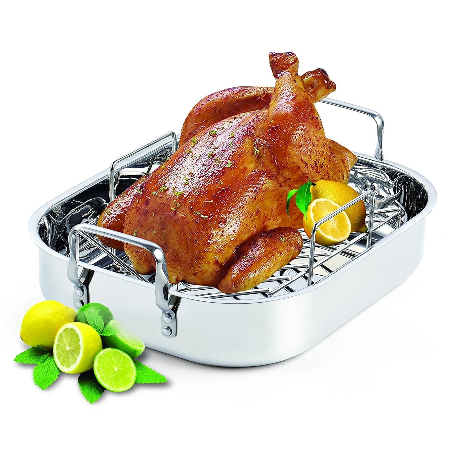 Stainless Steel Roaster Pan with V-Shaped Rack, 16-Inch by 13-Inch Turkey Roasting Pan Bakeware for Oven, Rectangular