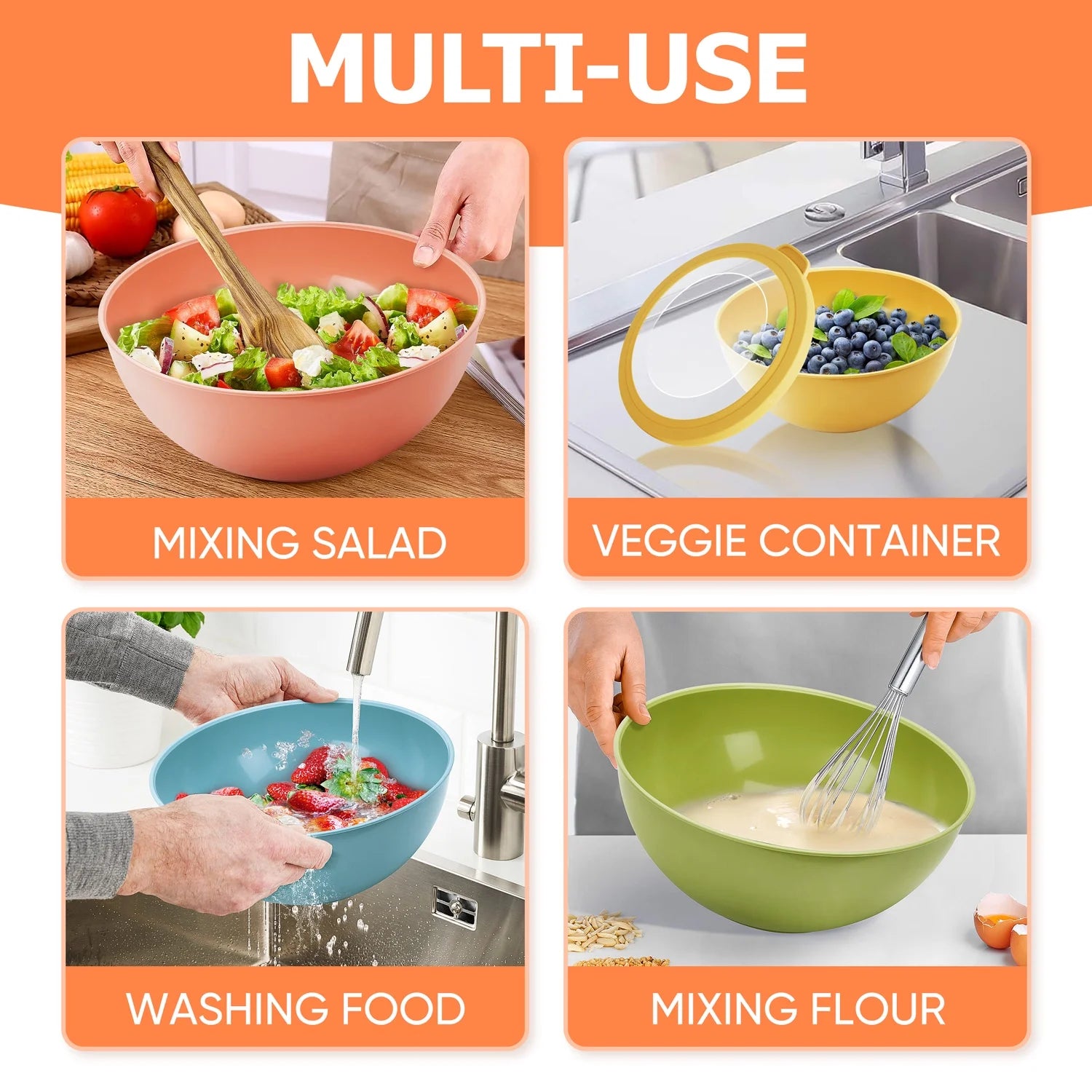 6Pcs Mixing Bowl Set with Lids, Plastic Nesting Bowls for Mixing, Storage, Kitchen Prepping, Serving Food, Microwave & Dishwasher Safe - Multi-Color