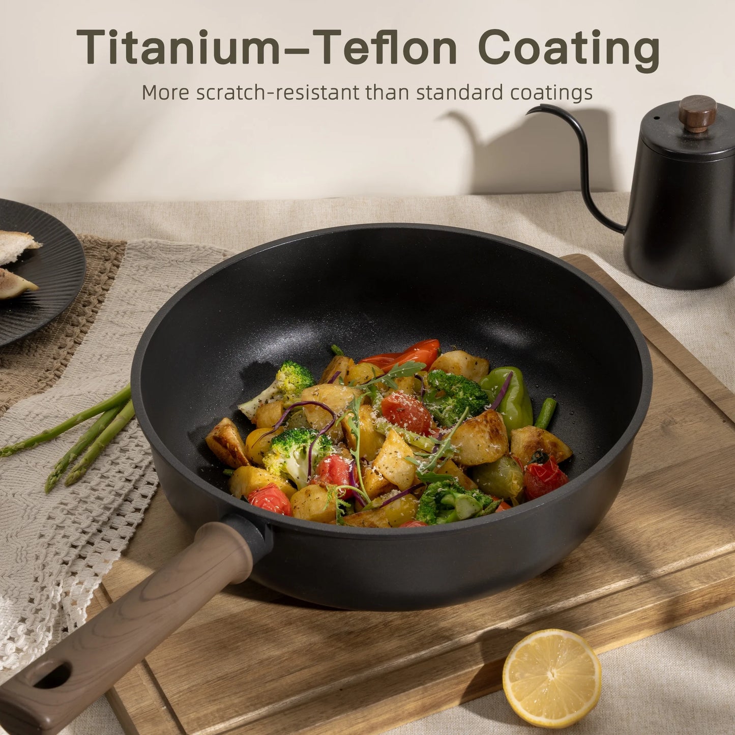 18-Piece Pots and Pans Set, Nonstick Cookware Set with Elegant Wooden Handle, Oven Safe to 480°F, Induction Compatible, Kitchen Cooking Set for RV Trips, Camping and Picnic, Black