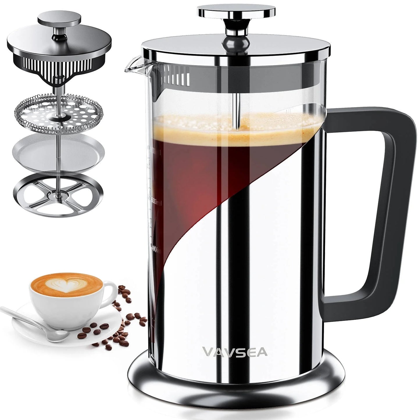 Double Wall French Press Coffee Maker, 35Oz Coffee Press with Thicken Borosilicate Glass & 304 Stainless Steel for Travel & Home Use, Dishwasher Safe, Silver