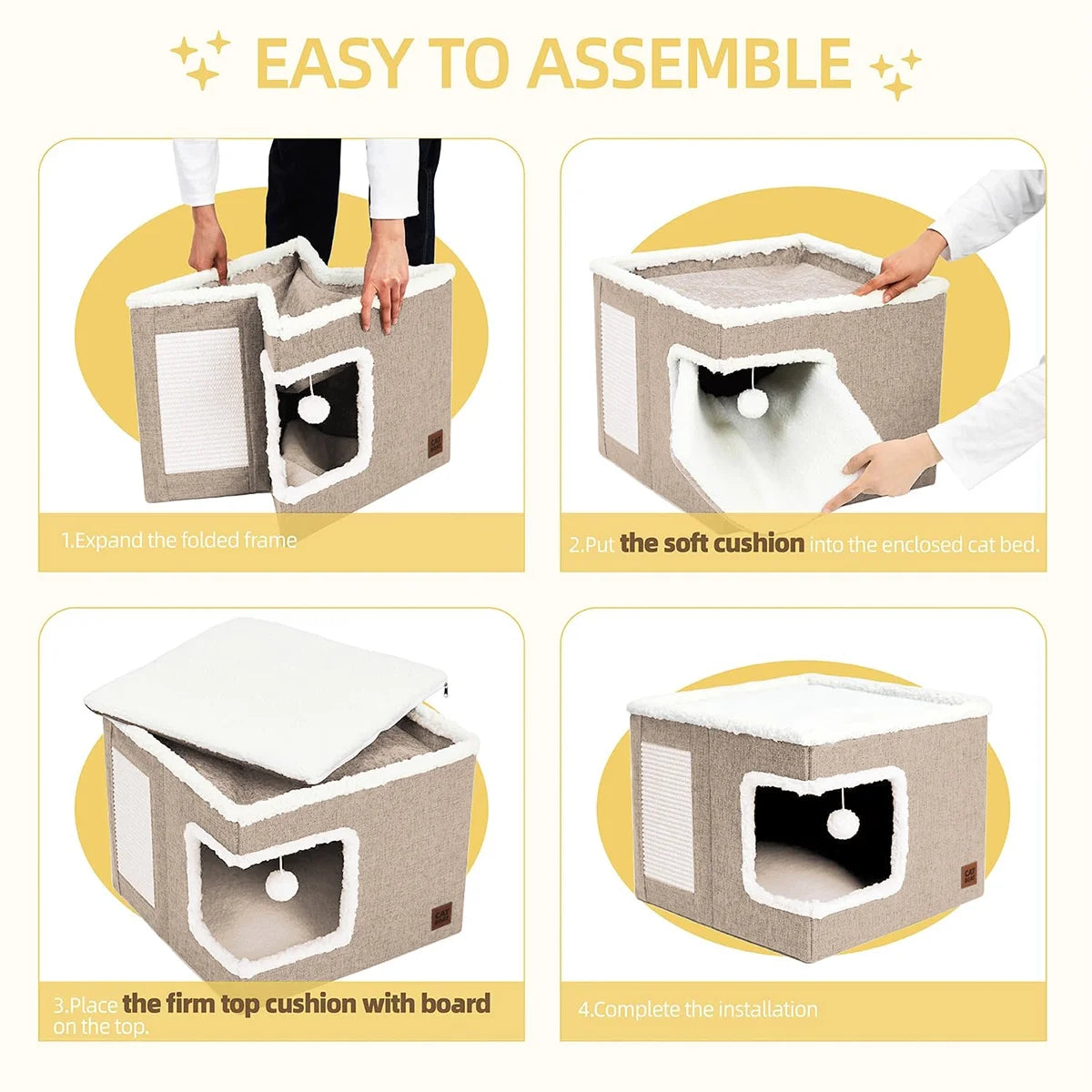 Indoor Pet Bed for Cats - Foldable Covered Kennel with Integrated Scratching Board, Ideal for Small Pets, Light Gray