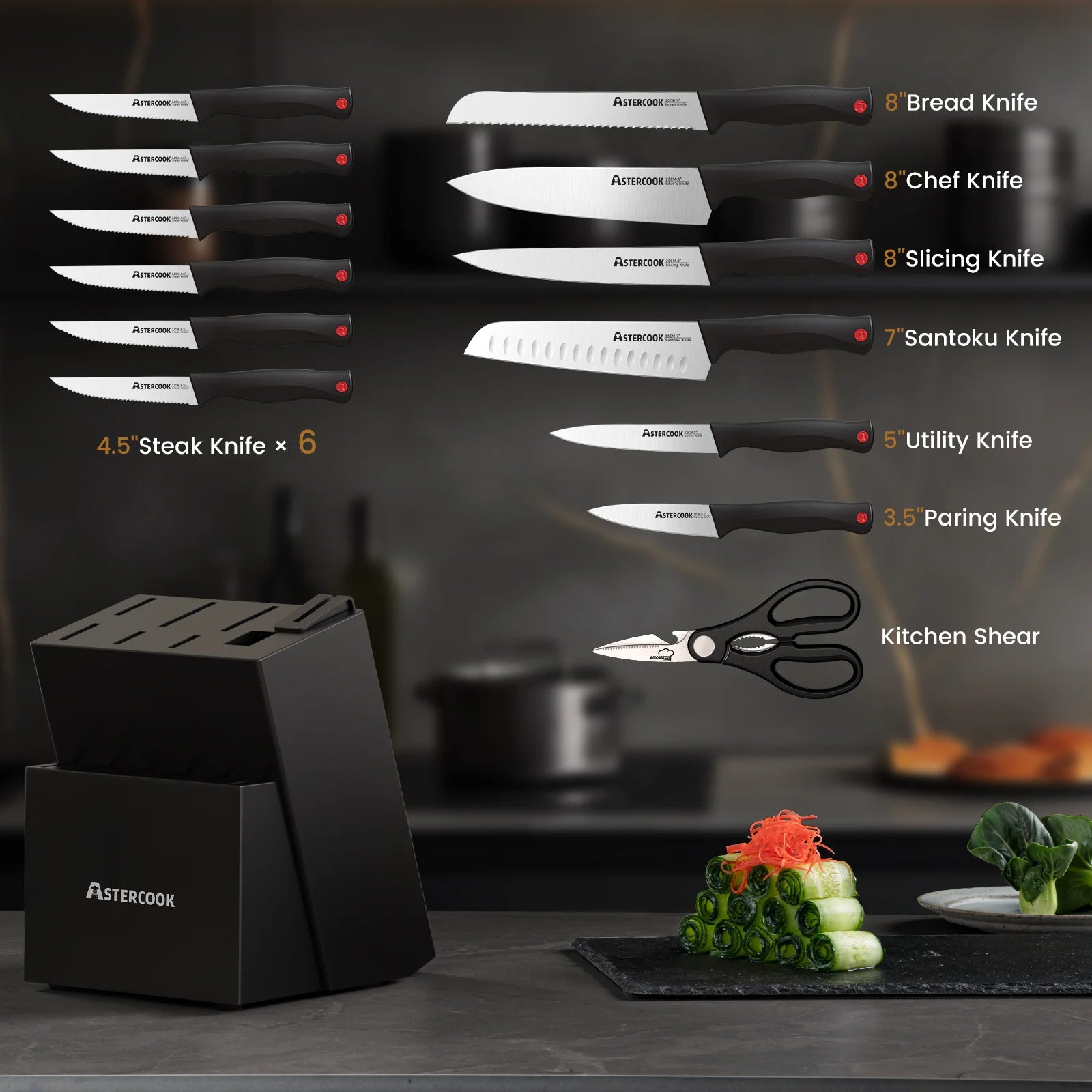 14-Piece Kitchen Knife Set with Built-In Sharpener, High Carbon German Stainless Steel, Ultra Sharp and Rust Resistant, Dishwasher Safe