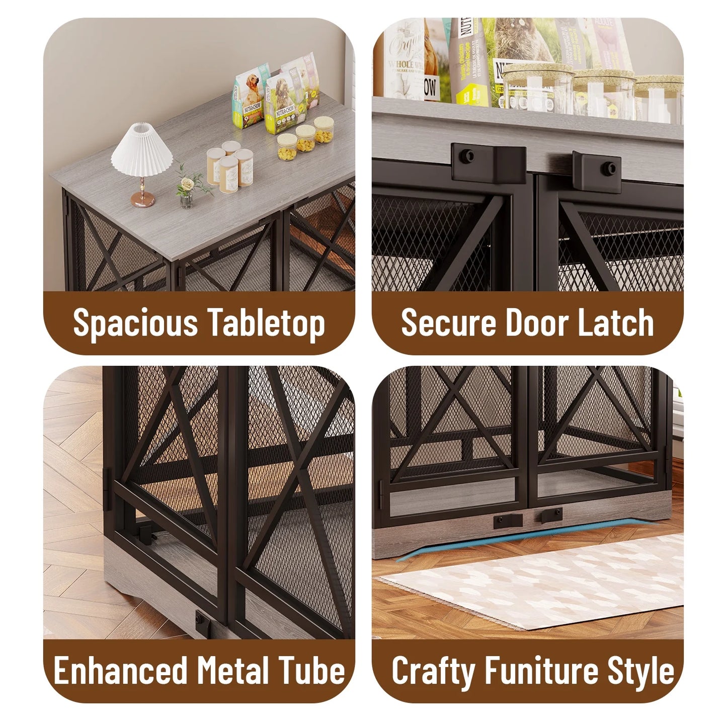 48-Inch Extra-Large Wooden Dog Crate with Double Doors, Indoor Kennel and End Table, Anti-Chew and Anti-Escape Design, Gray