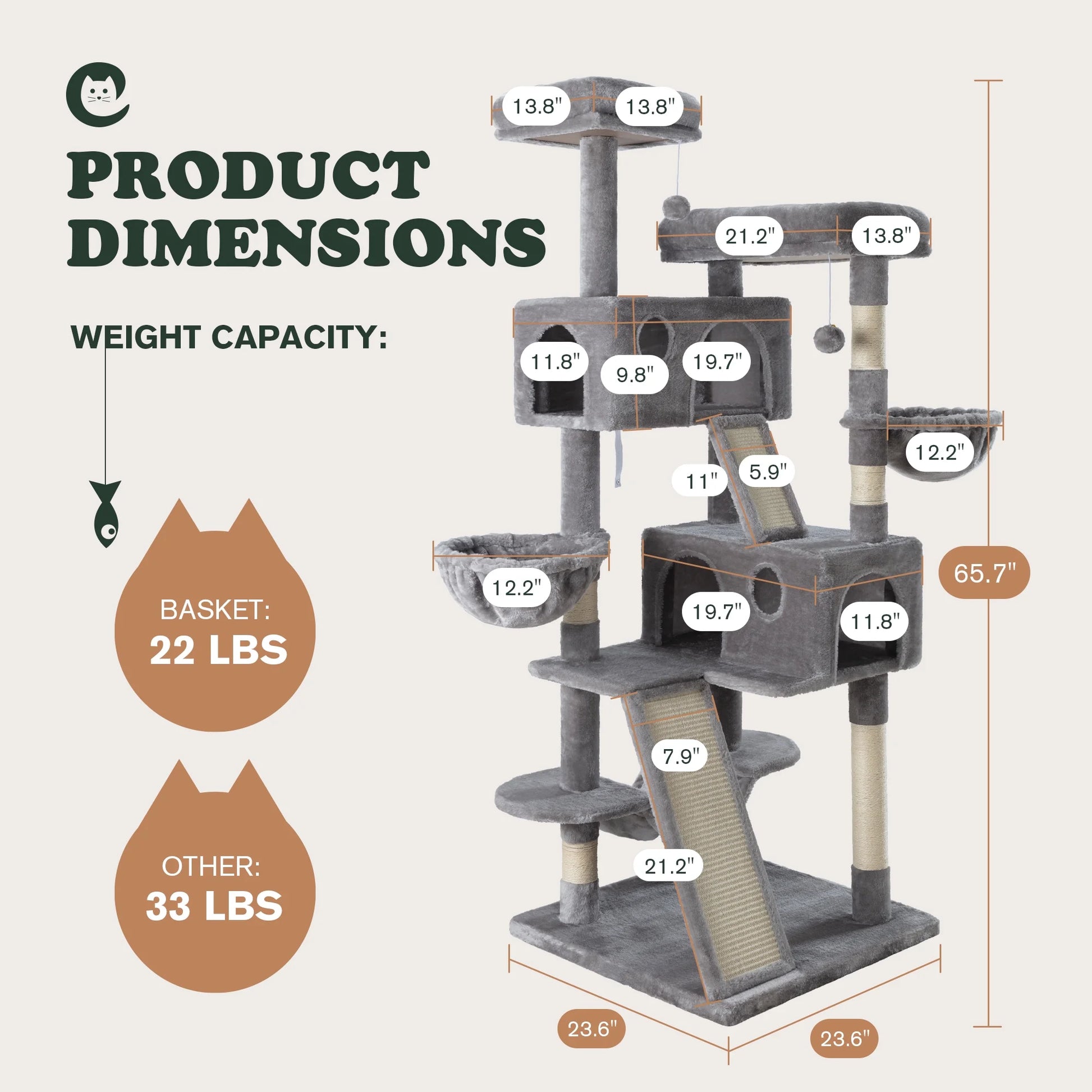 65.7" Large Cat Tree and Tower Condo for Indoor Cats with Dual Scratching Boards, Hammock, and Post in Gray