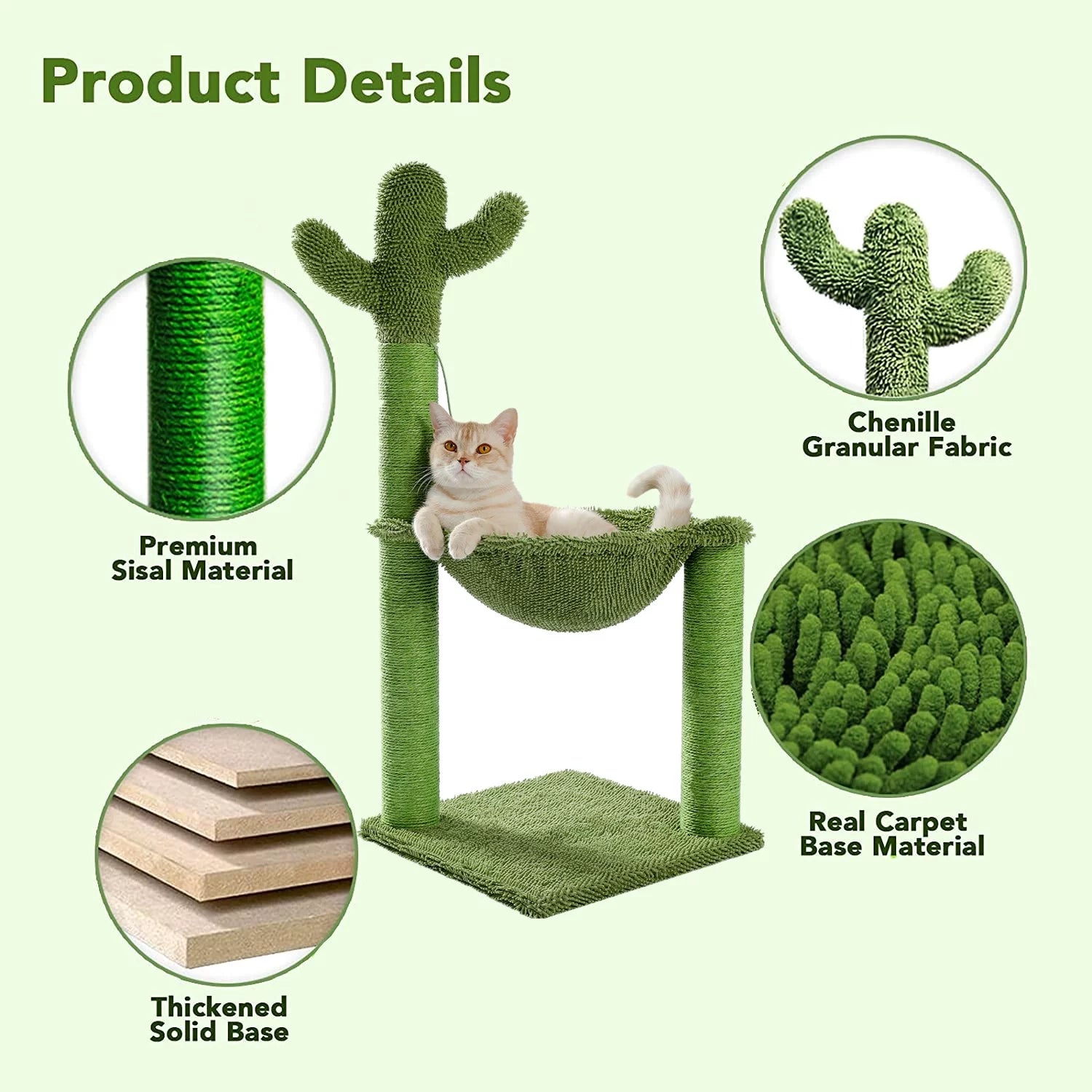 33-Inch Cactus Cat Scratching Post with Spacious Hammock for Indoor Cats - Green