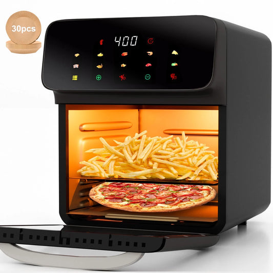12QT Convection Oven Air Fryer with 10-in-1 Functionality, Touchscreen, and Visible Window in Black